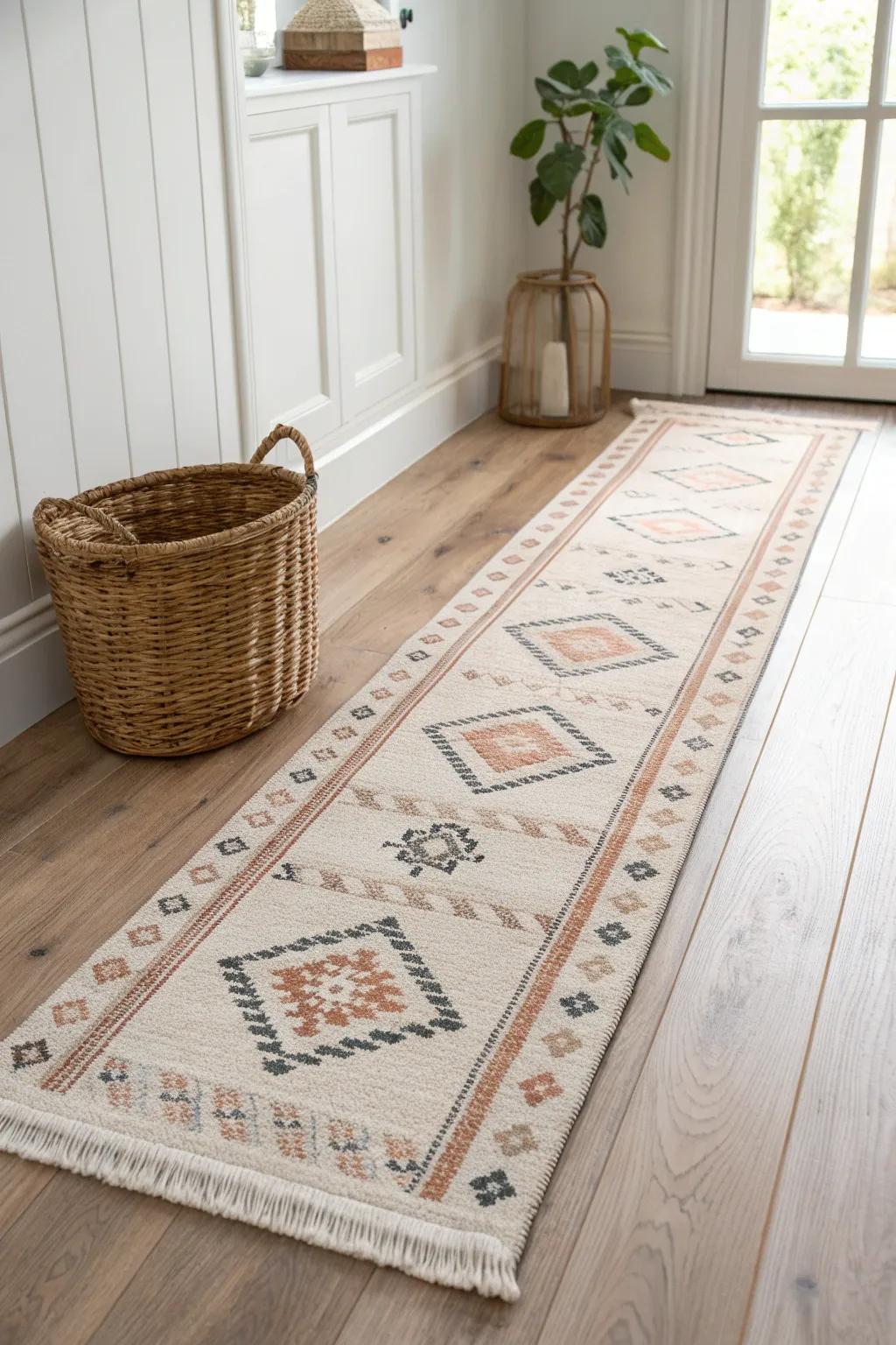 Washable low-pile runner: sleek, soft, and ready for muddy footprints on the busiest days.