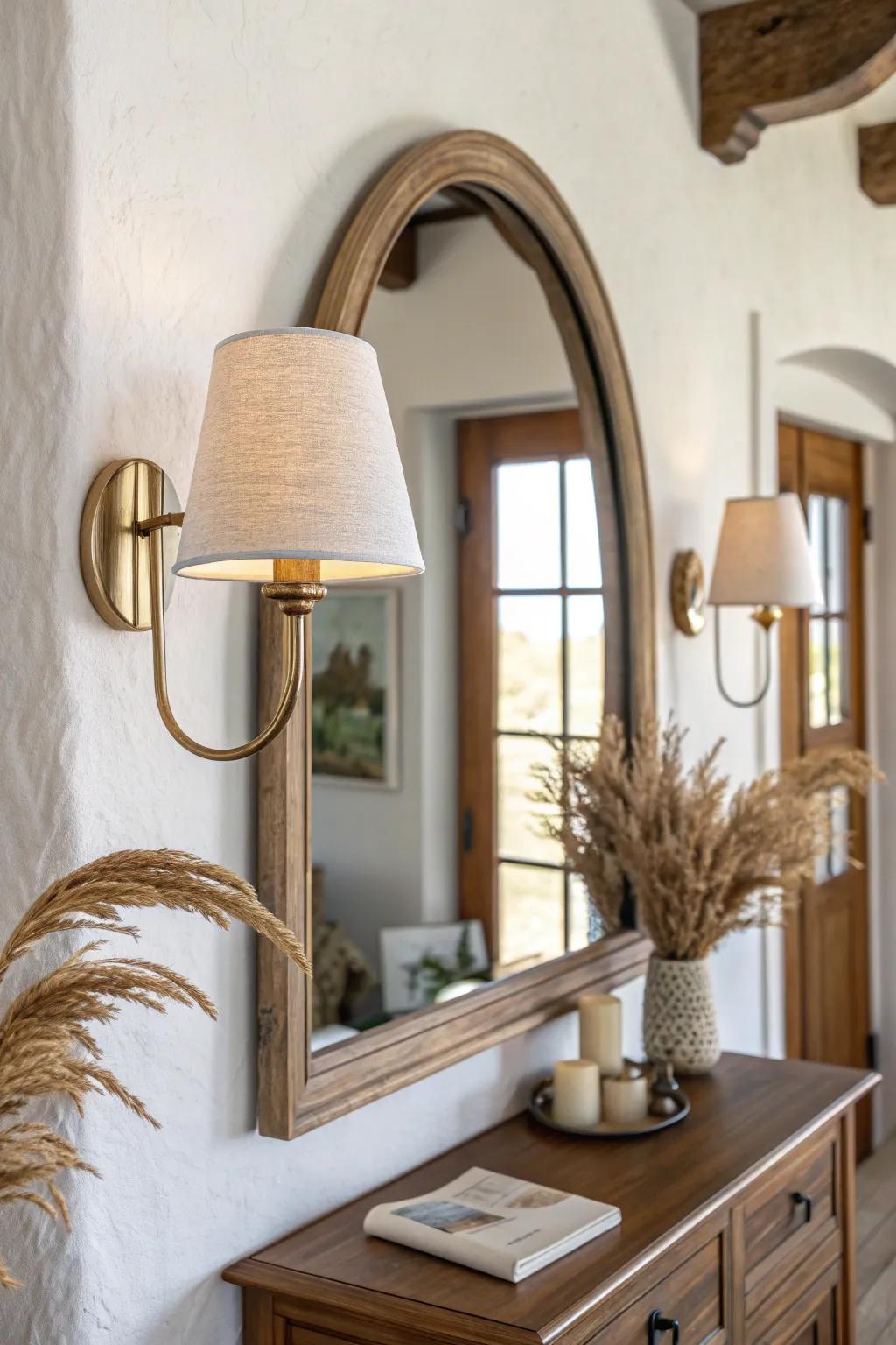A warm brass sconce beside an arched mirror makes a tiny entry feel instantly designed.