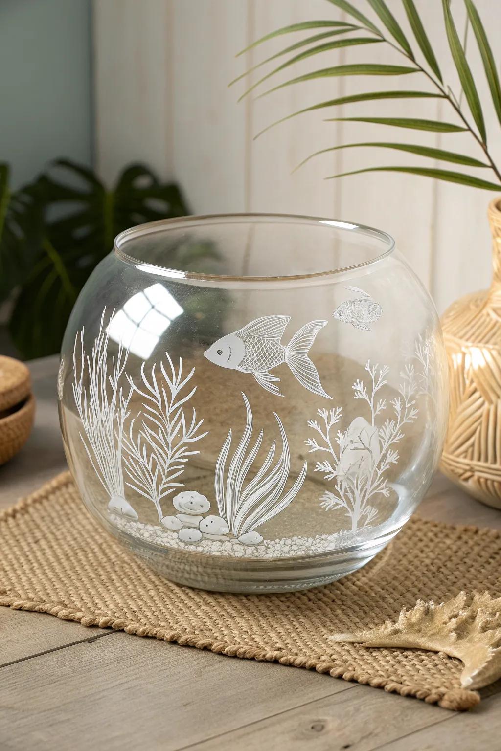 Immerse in elegance with intricately etched fishbowls, where art meets nature.