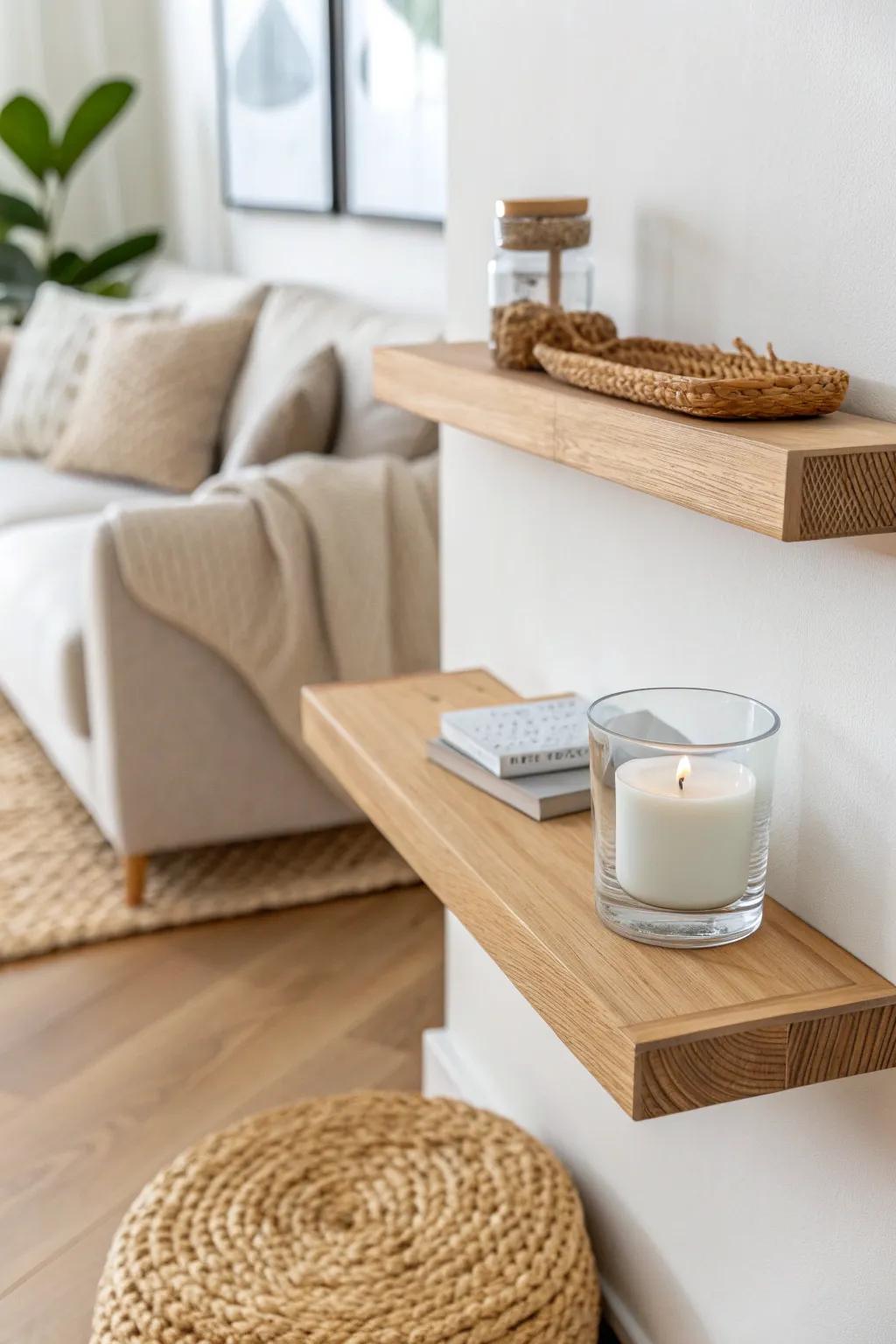 Free up floor space with a tiny wall shelf—pretty, practical, and perfect for extra-small rooms.