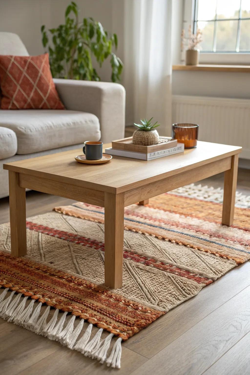 Swap in a warm, layered mini rug under the coffee table for instant autumn coziness.