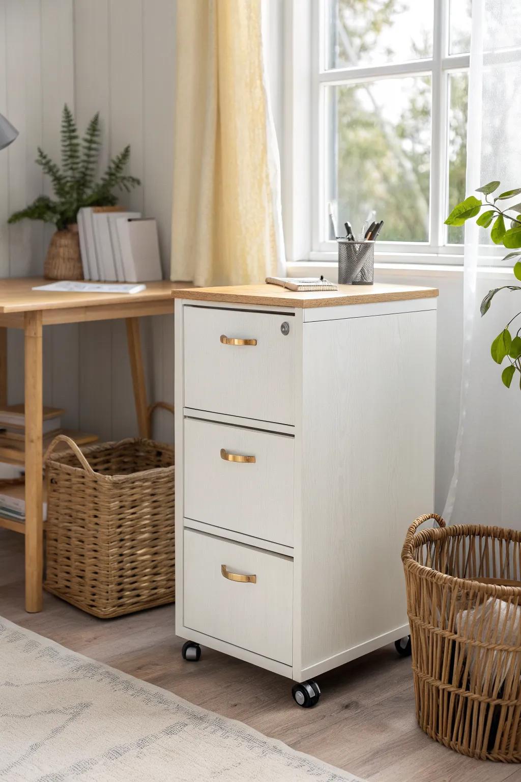Add sleek brass casters to your file cabinet for a small-space upgrade that rolls anywhere.