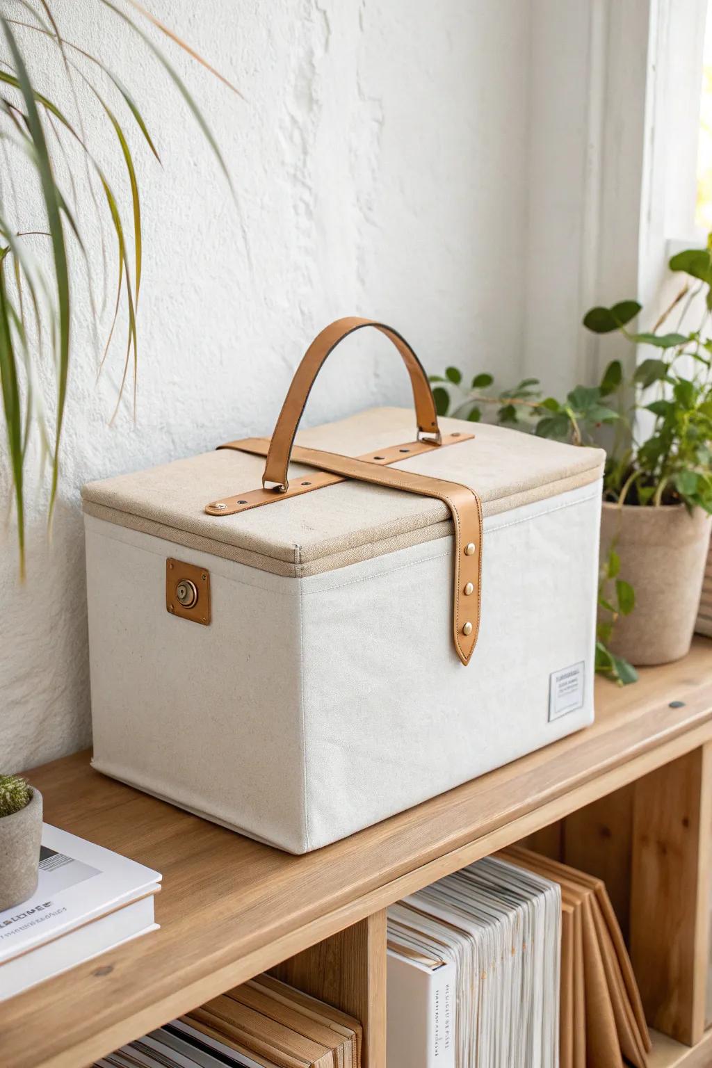 A chic portable file box keeps grab-and-go documents tidy on any small-space shelf.