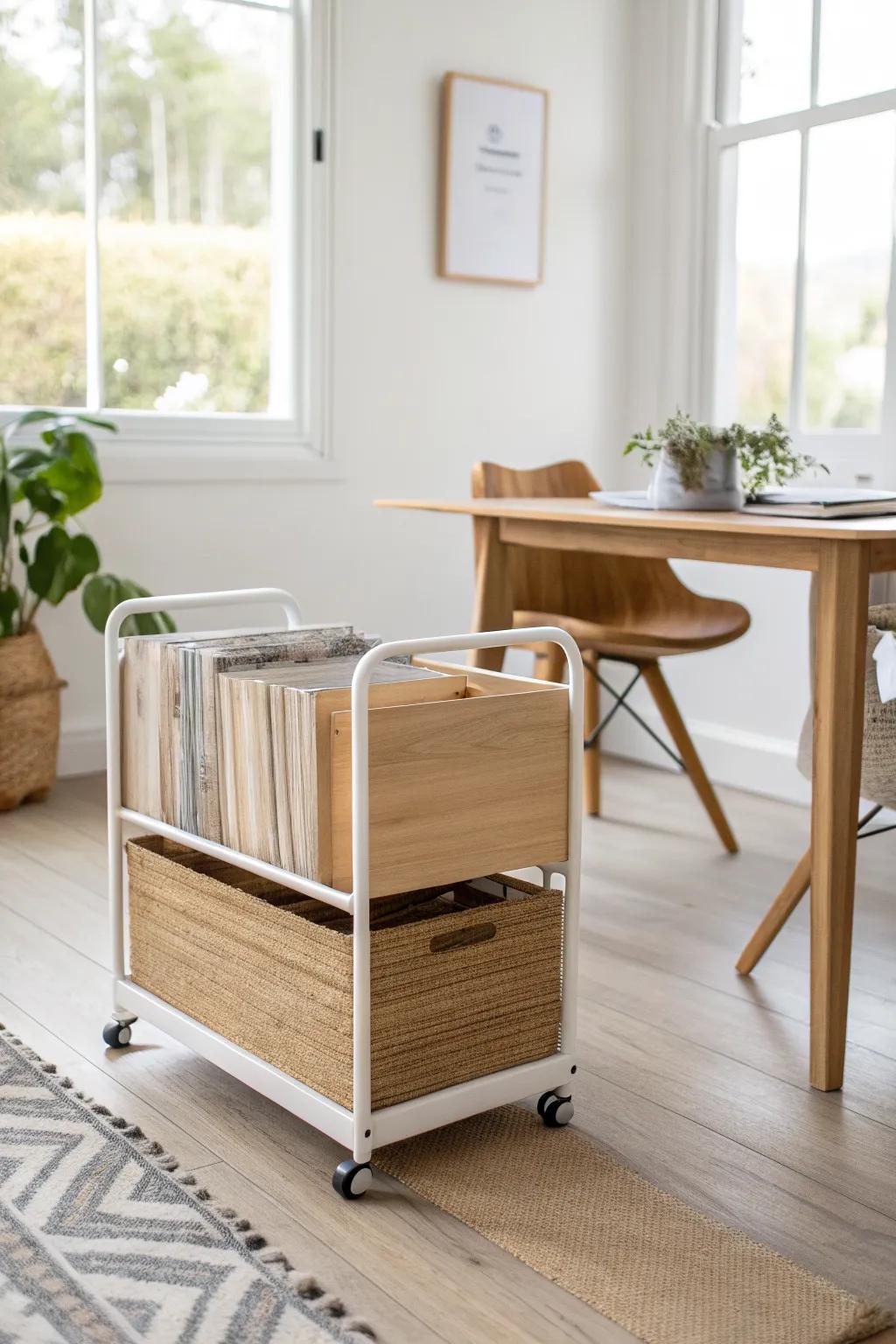 A slim rolling file cart keeps paper clutter contained—and tucks away anywhere in seconds.