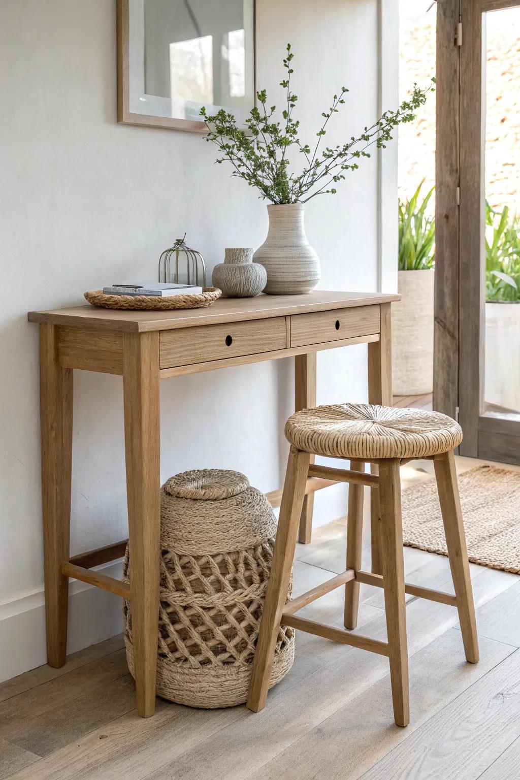 Nesting stools that tuck away under a console—beautiful, flexible seating for small spaces.