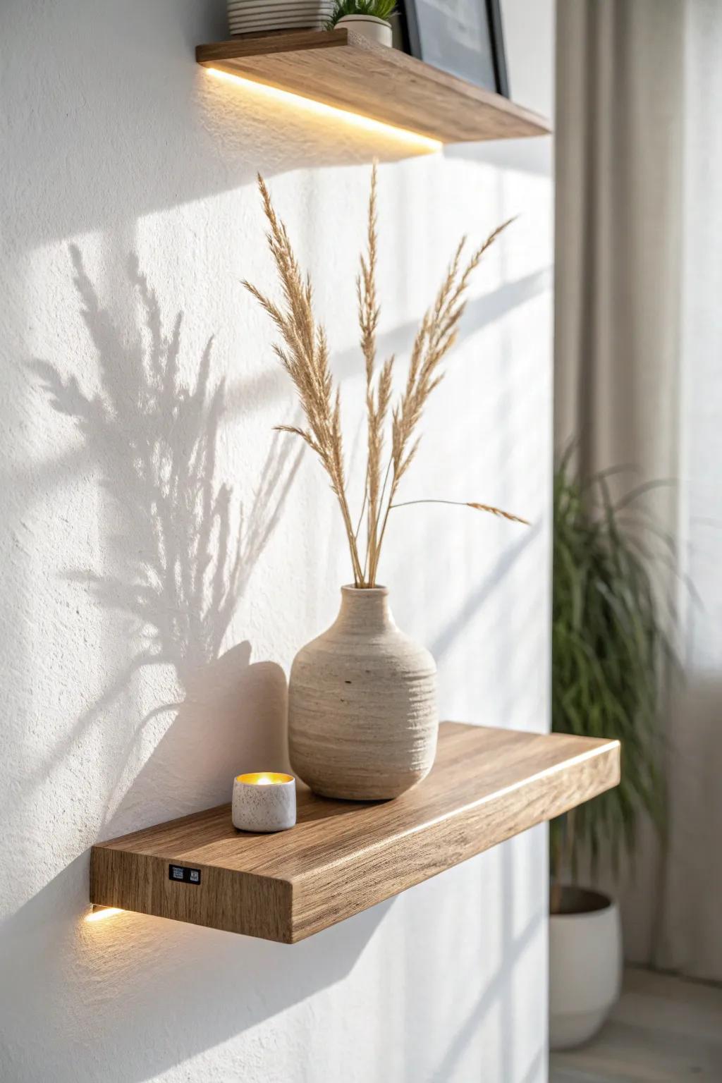 Warm battery puck light under a floating shelf—renter-friendly glow with zero wiring.