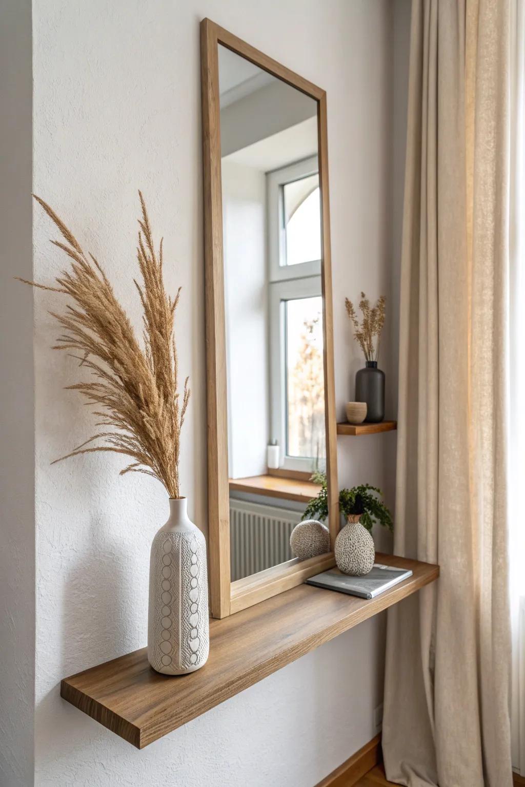 Mirror-backed floating shelf bar: doubles depth and bounces light in small-space nooks.