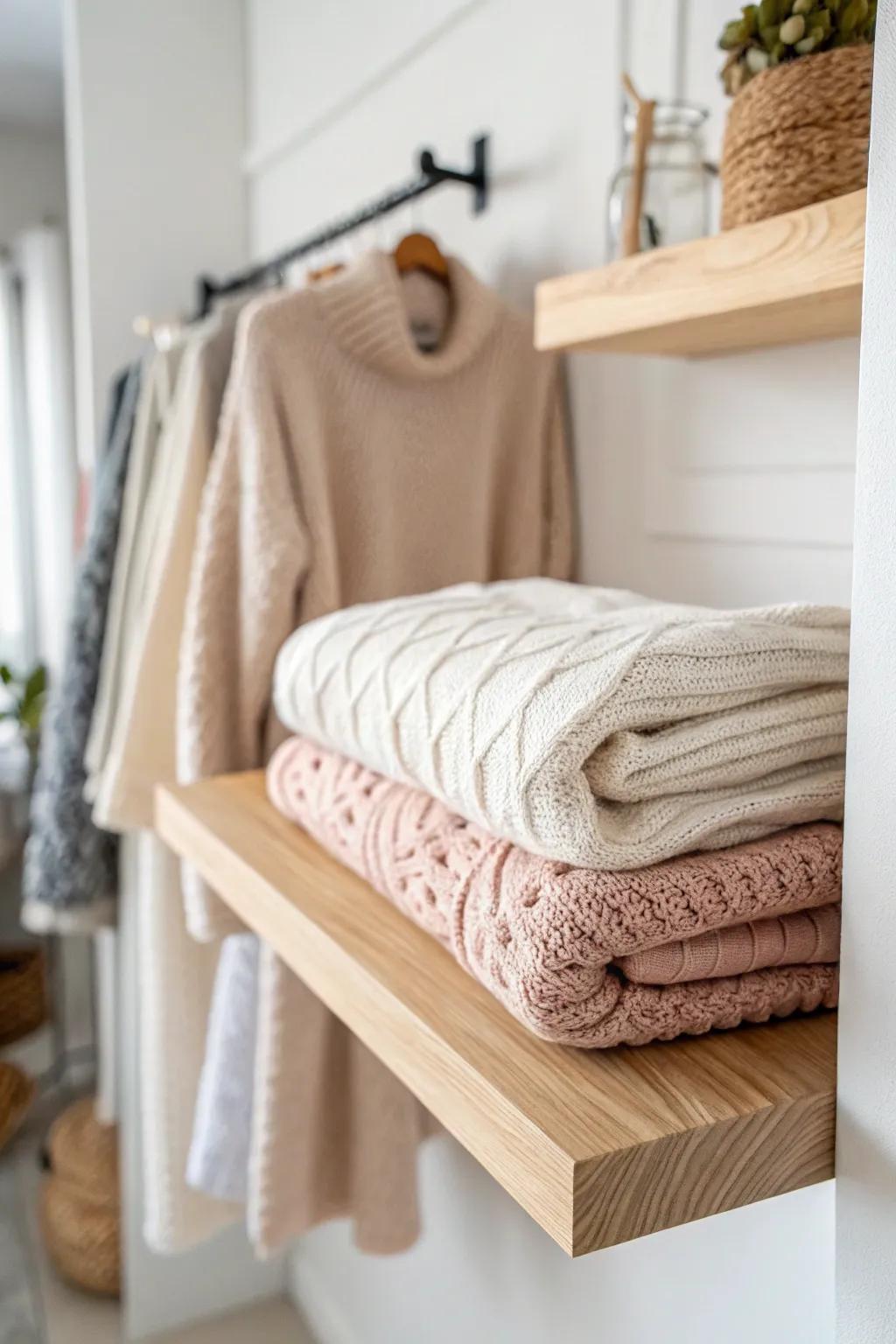 Tiny closet fix: add a floating shelf for a neat folded zone—no more sweater chair pile.
