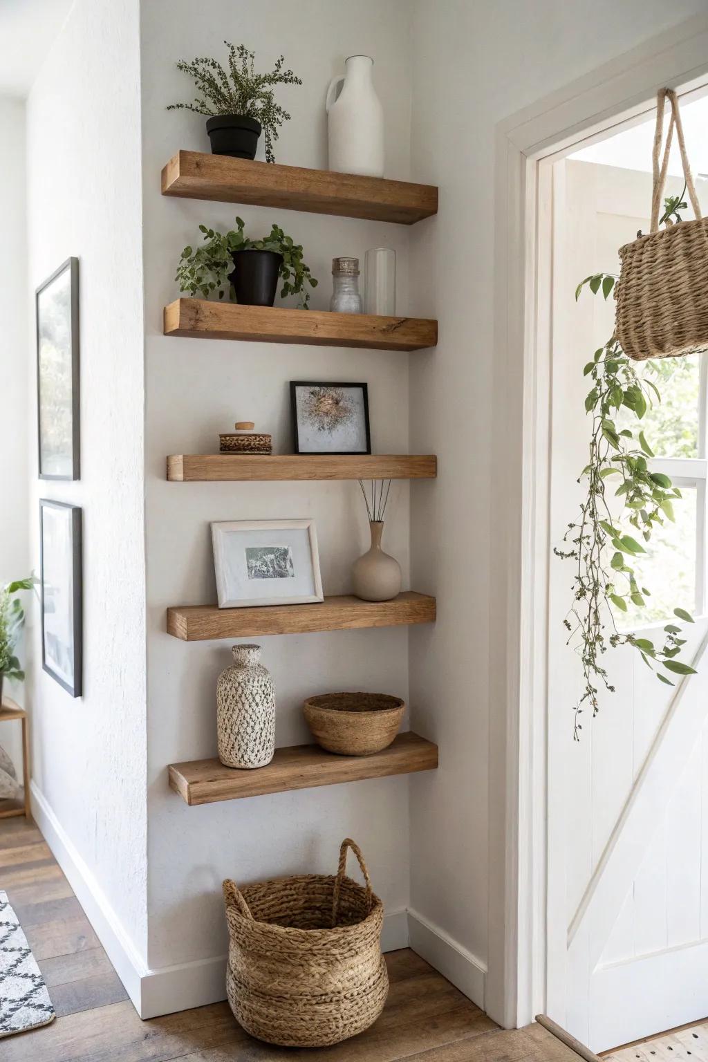 Stack floating shelves vertically to lift the room—tidy spacing, warm wood, airy styling.