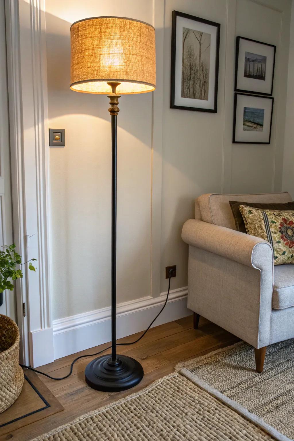 A dimmable floor lamp lets your small living room shift from work-bright to cozy in seconds.
