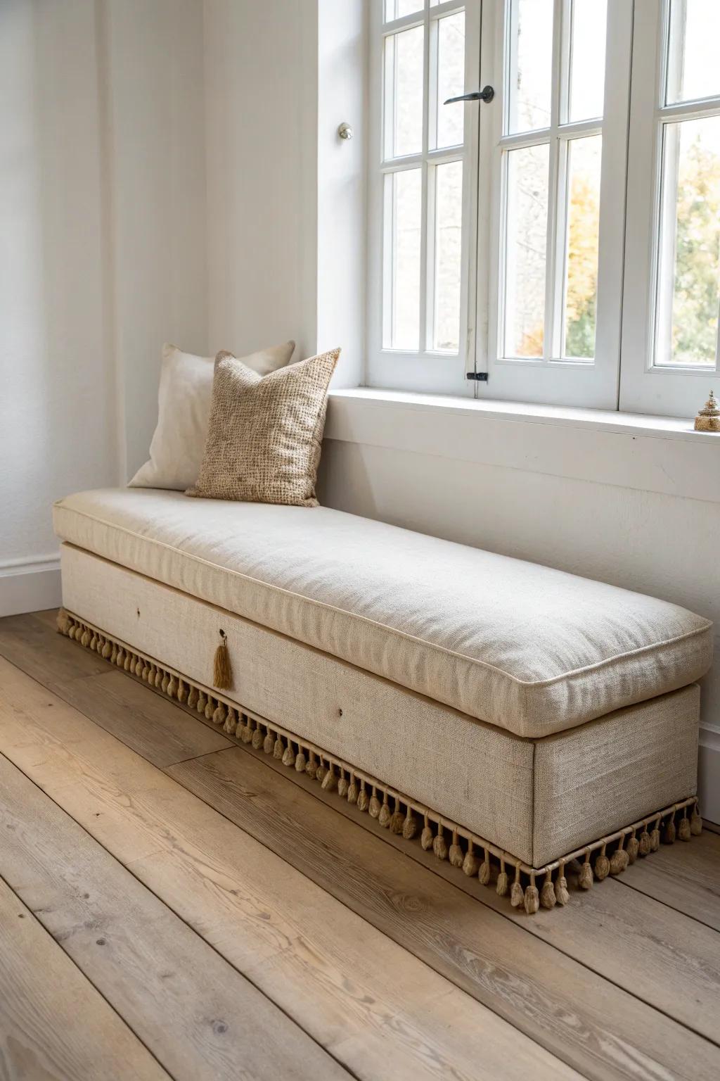 Turn a bare wall into a cozy low bench—stacked cushions for supportive, space-smart seating.