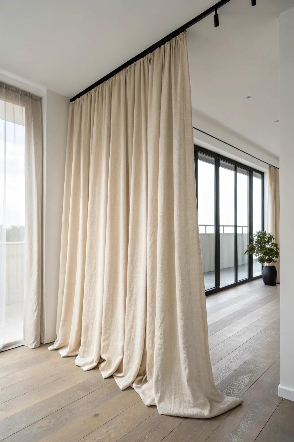 A full-height linen curtain divider brings softness, privacy, and calm to tiny rooms—fast.