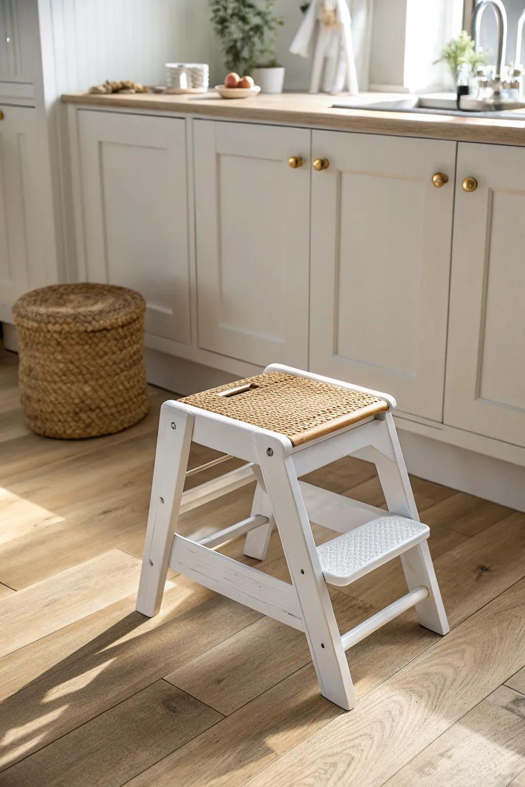 Slim foldable step stool—pops open fast, folds flat, and hides neatly in tiny kitchens.
