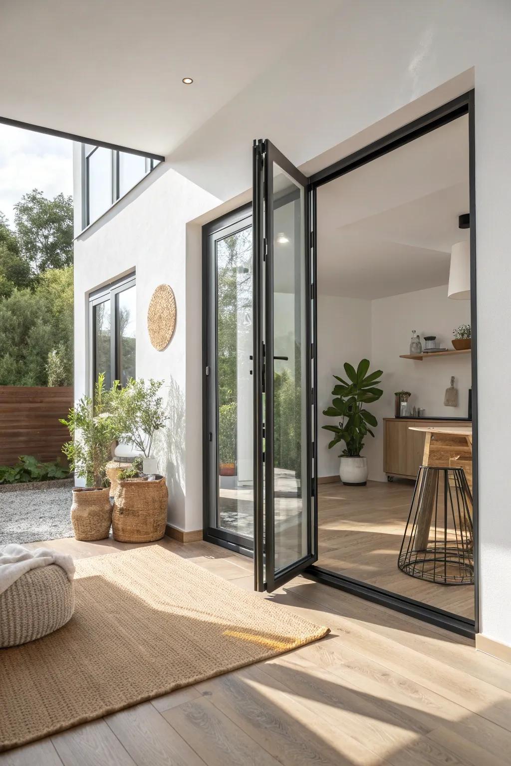 Glass bi-fold doors blur the line between living room and patio—bright, airy, seamless flow.