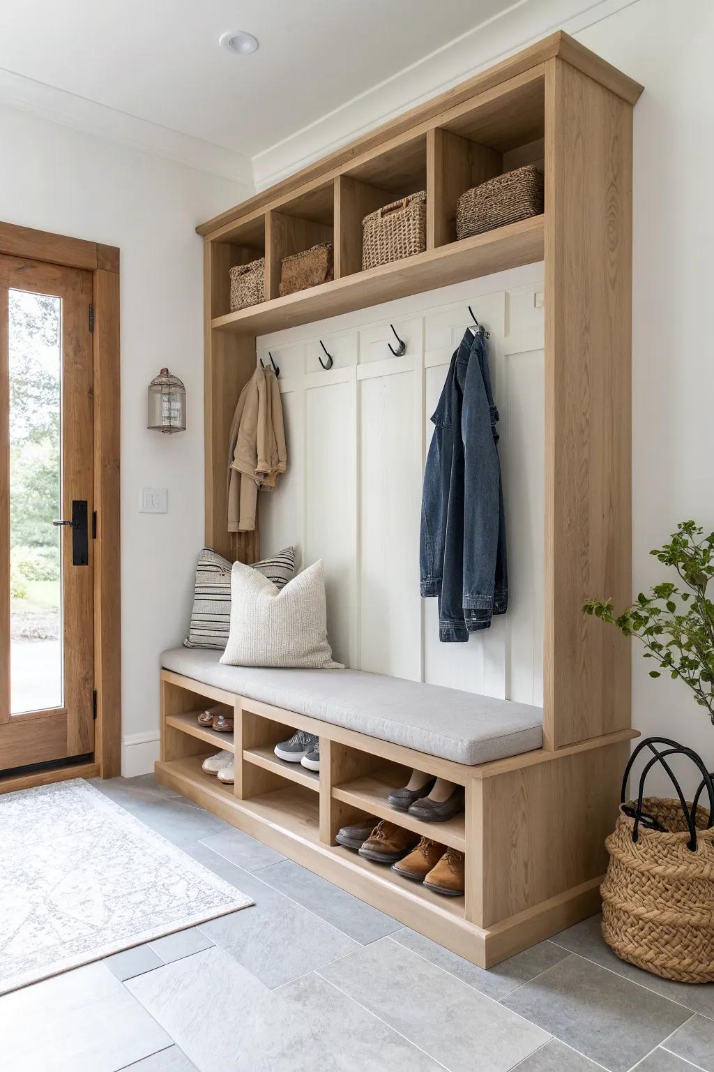 Built-in bench shoe cubbies keep your foyer closet tidy and cap the clutter at the door.