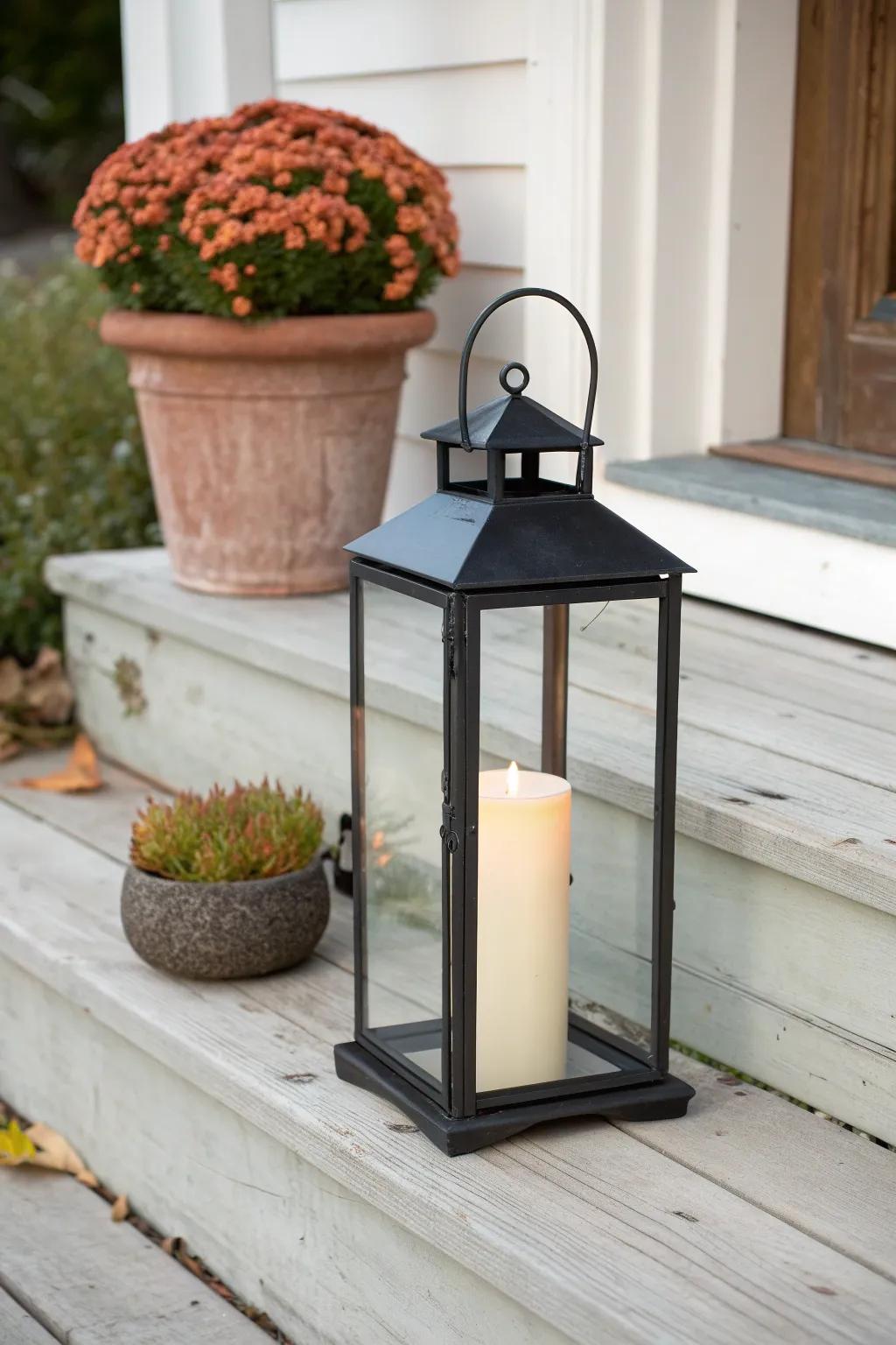 Cozy porch vignette: a glowing lantern framed by mums for layered fall charm.