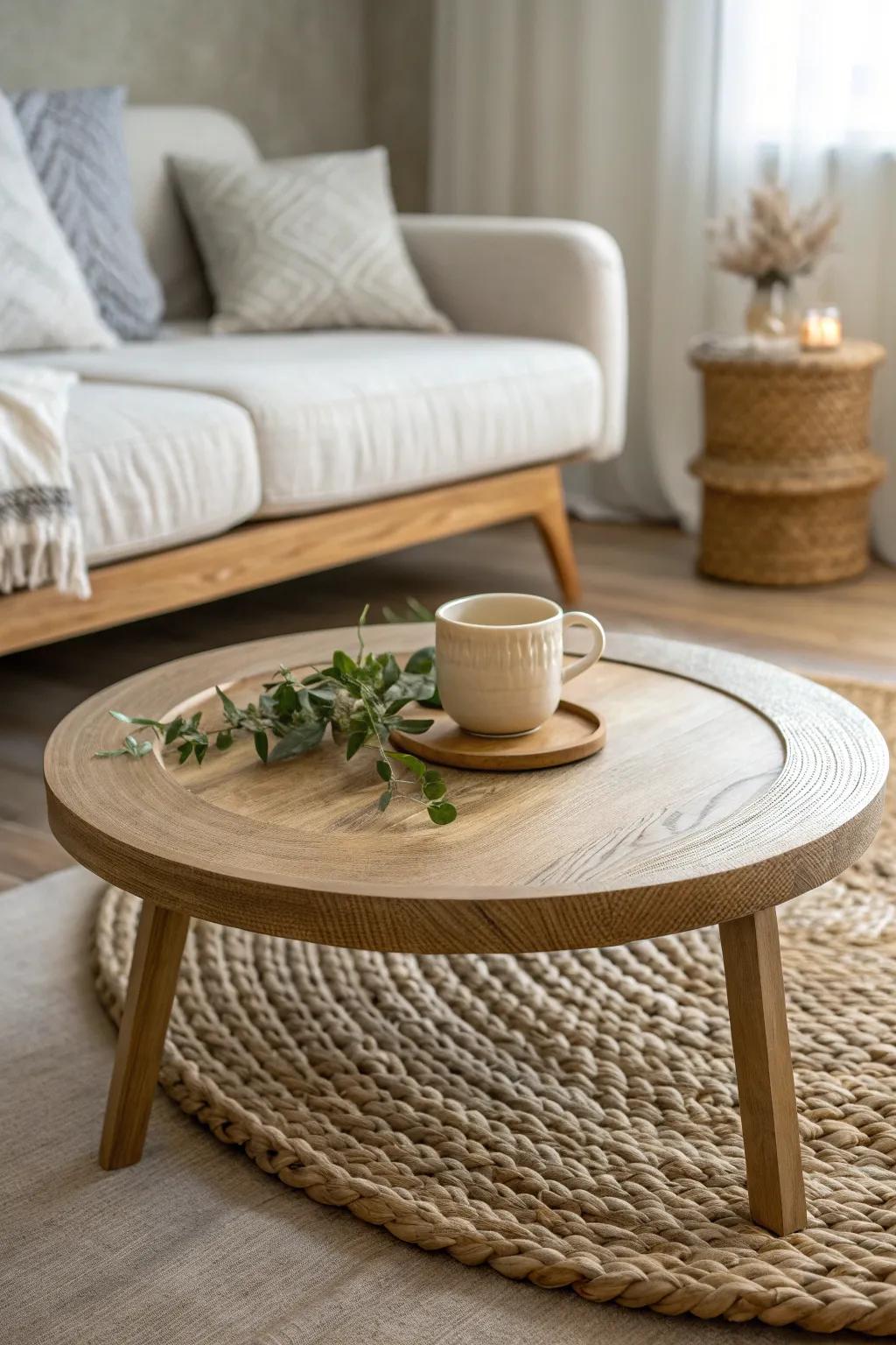 A low, round coffee table keeps your futon lounge flexible—no sharp corners, all cozy vibes.