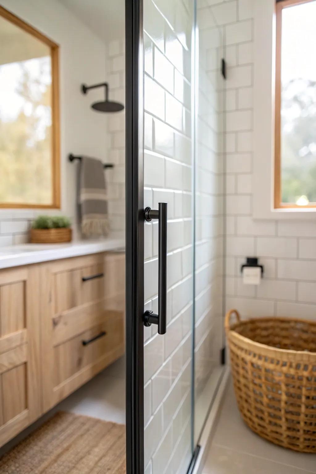 Frameless clear glass keeps a galley bathroom airy—no visual break, just light and space.