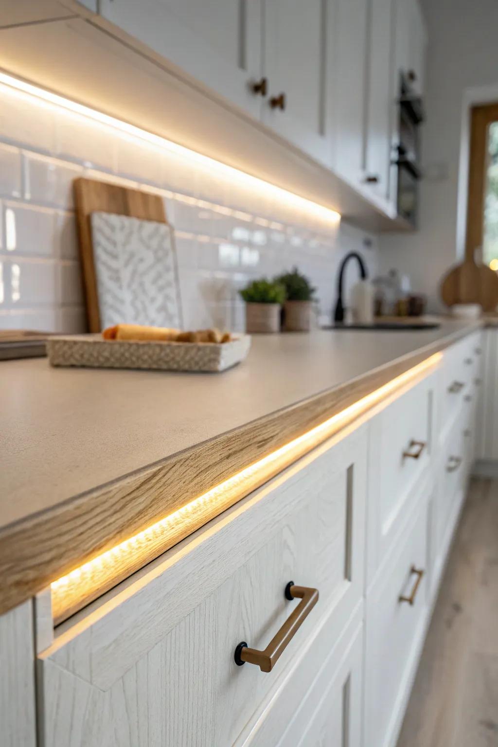 Warm under-cabinet lighting that erases galley shadows and makes counters look instantly luxe.