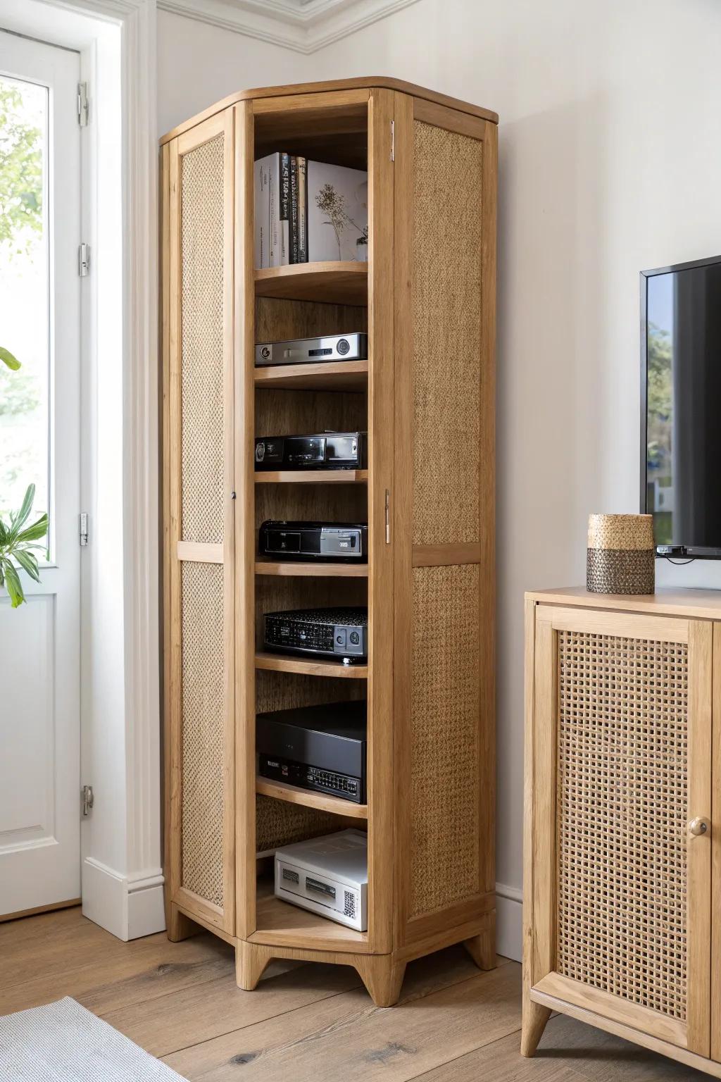 A slim corner tower keeps every console and game tidy—perfect for small living rooms.