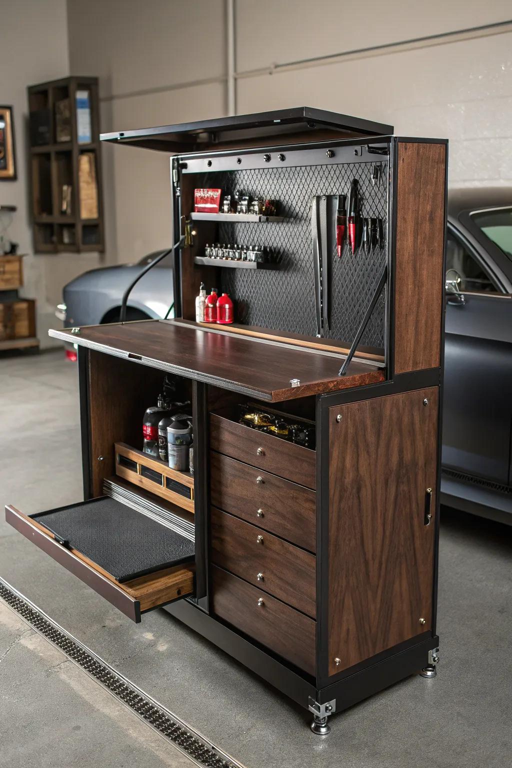 Discover the art of functionality with a fold-down workbench that transforms your garage space.