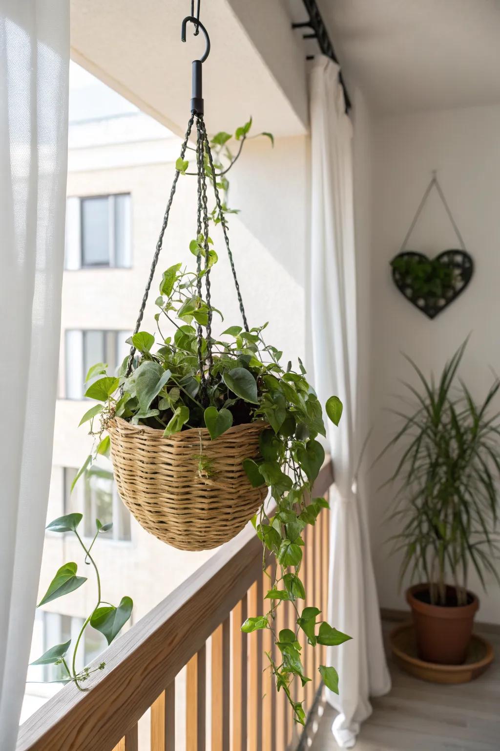 Hang a woven basket planter to add lush greenery while keeping balcony floor space open.