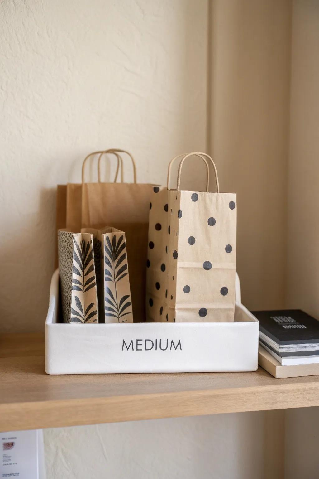 Store medium gift bags upright in a labeled magazine holder for a tidy, open-shelf look.