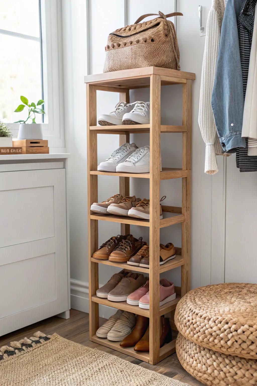 Give shoes a vertical home with a slim shelf—pairs stay visible and your closet stays calm.