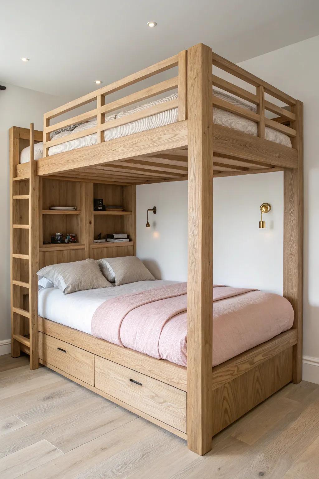 A loft-over-bed setup that grows with them—soft linens, warm wood, smart storage below.