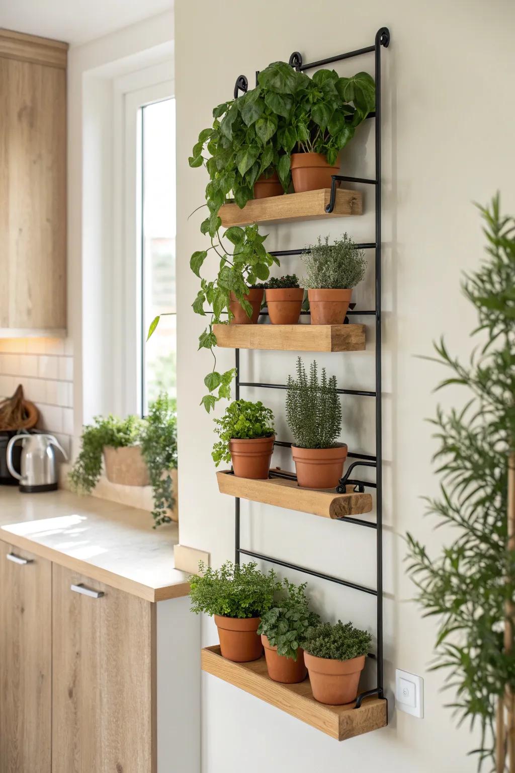 A space-saving kitchen herb green wall that adds fresh flavor and calm, minimalist style.