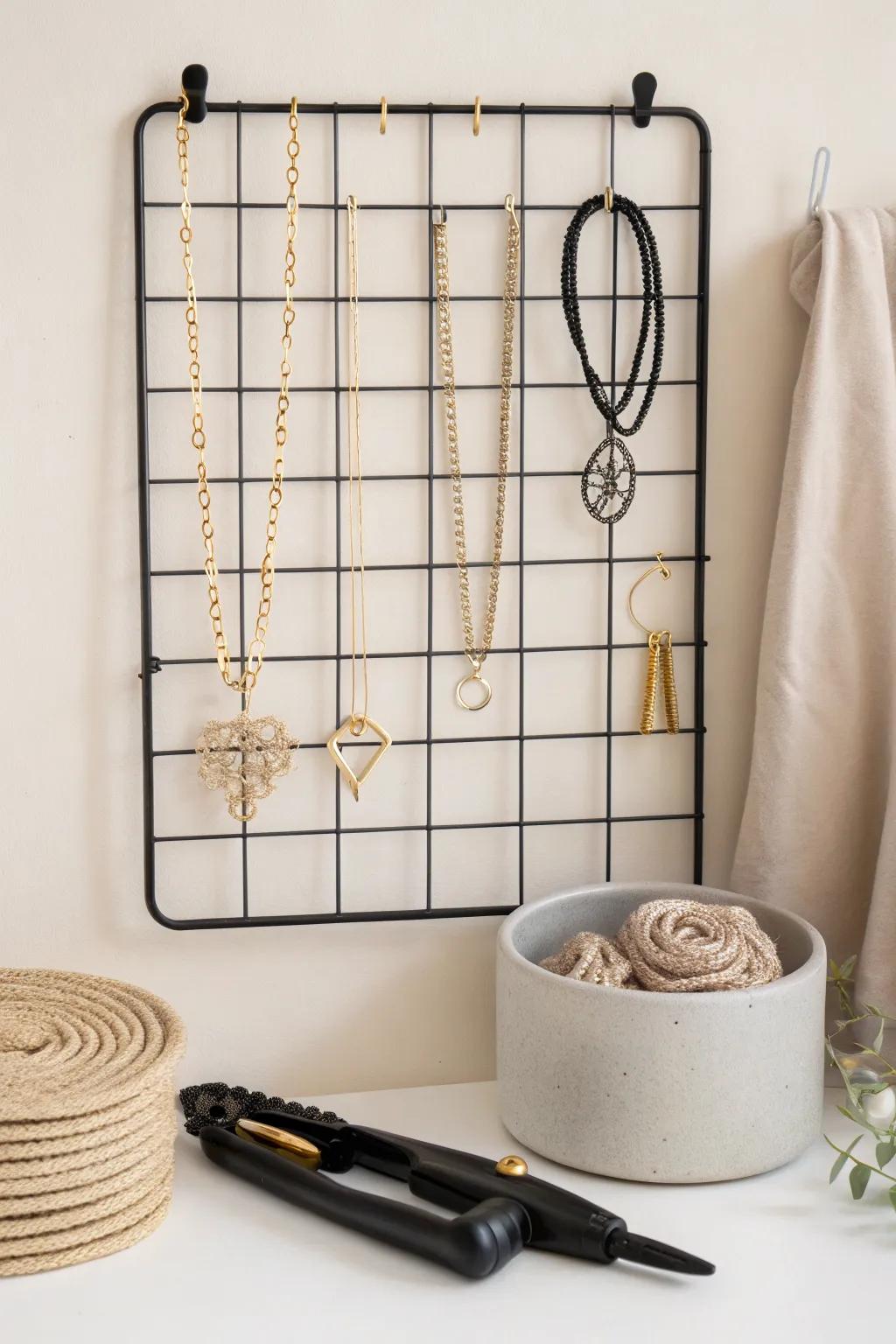 A chic grid wall keeps necklaces, headbands, and hot tools styled and easy to grab.