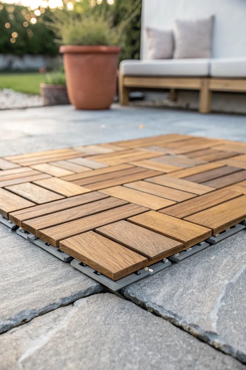Warm wood deck tiles transform cold concrete—instant cozy patio vibes, no construction.