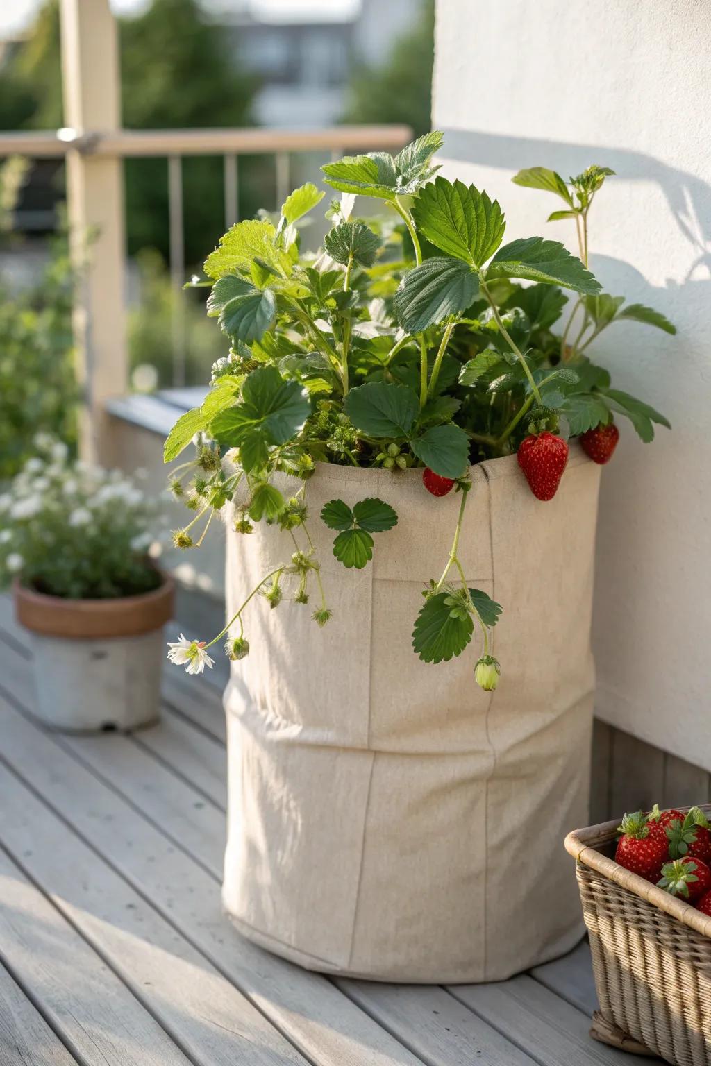 Strawberries in a grow bag at the balcony edge—runners spill over, berries stay clean.