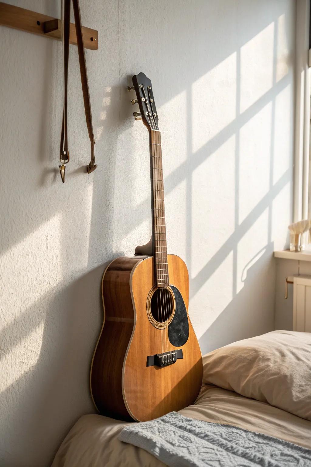 Bedside wall-mounted guitar keeps small bedrooms tidy—ready for a calm 5‑minute play.
