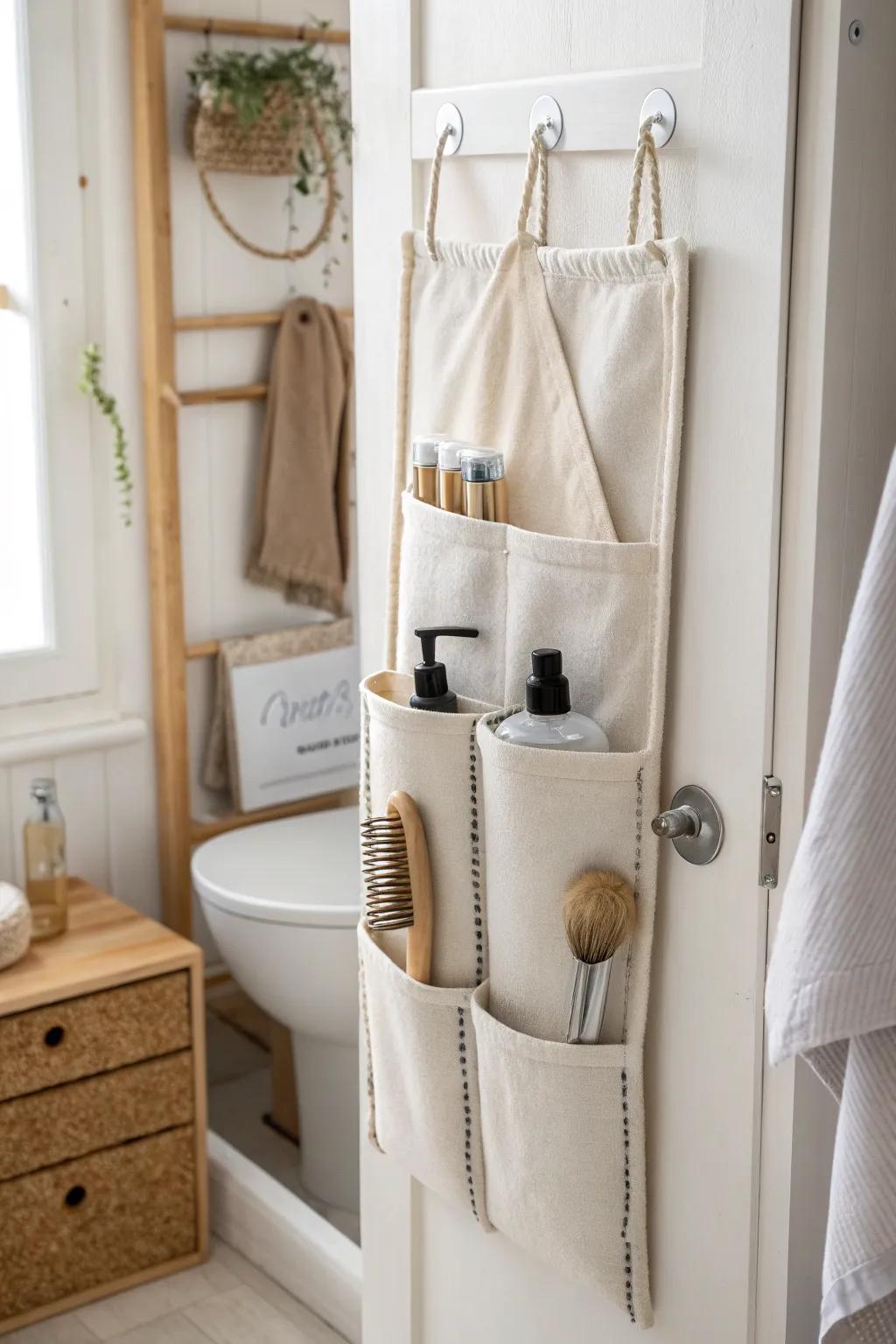 Renter-friendly over-the-door pockets keep sprays, brushes, and headbands off the counter.