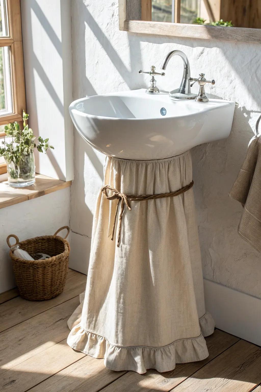 A linen sink skirt adds hidden storage and soft texture—perfect for a tiny half bath.
