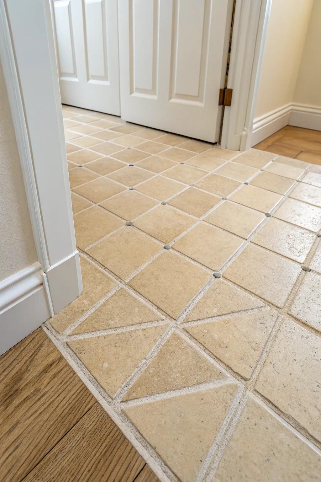 Diagonal-set tiles make a narrow half bath feel wider—same materials, elevated look.
