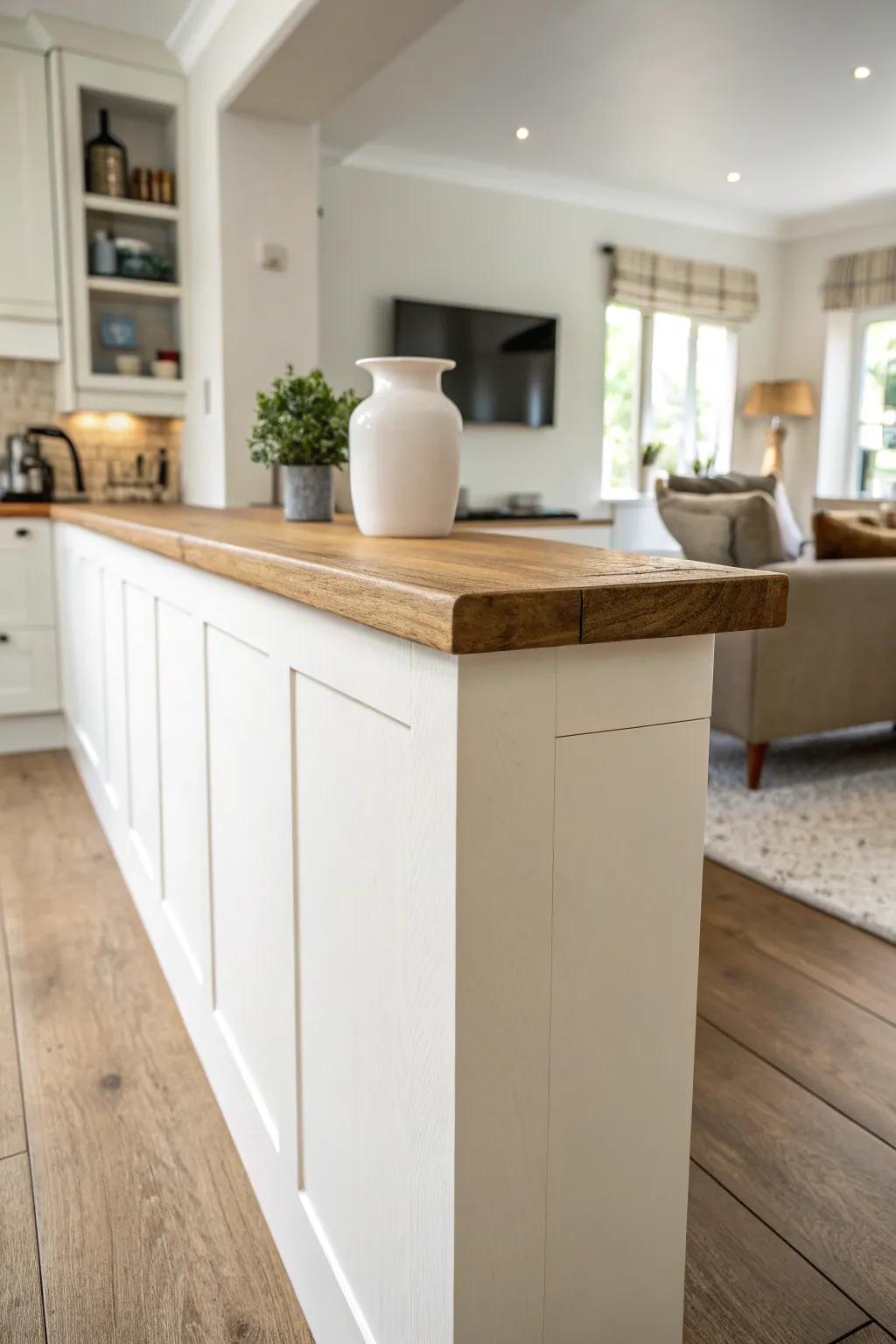 An L-shaped half wall defines the zone and adds a slim counter—without closing the room off.