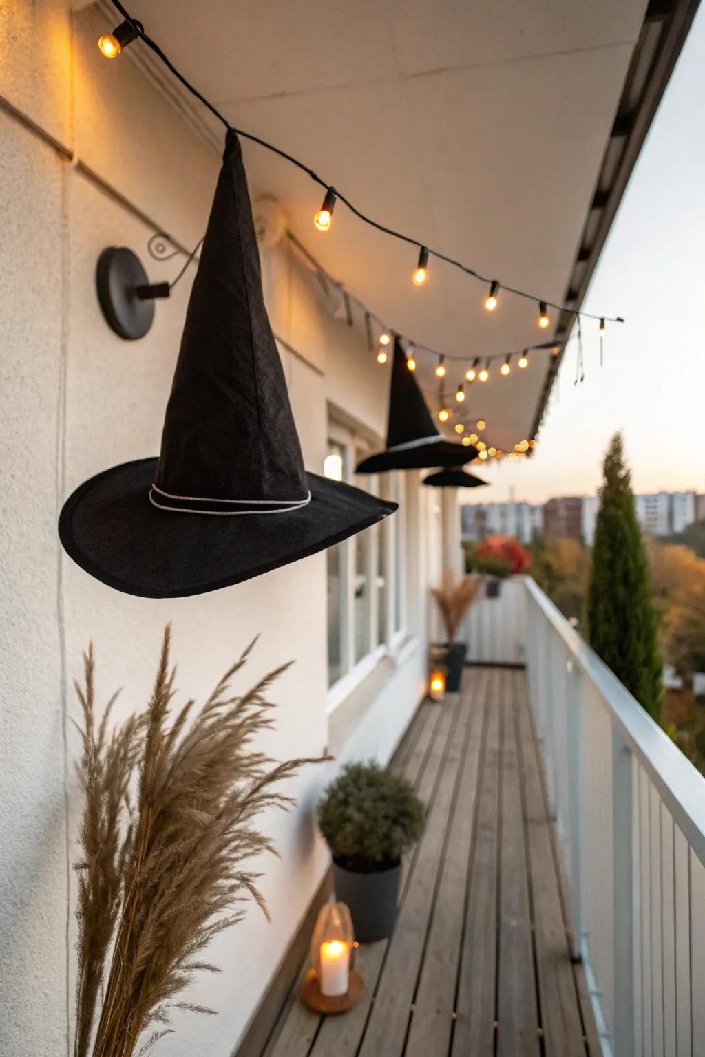 Make your balcony magical: a floating witch hat row that looks like an invisible coven.
