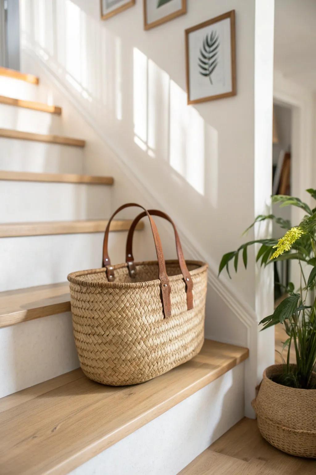 A woven basket on the landing—simple, warm, and perfectly intentional between floors.