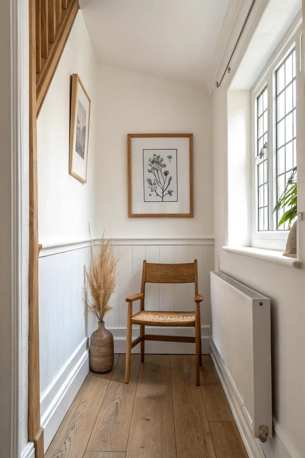 One frame, one horizon—art aligned to the chair rail for a calm, ordered hallway.