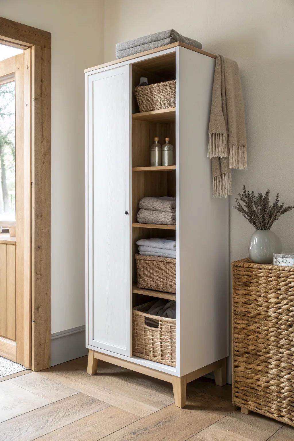 Slim sliding-door hallway cabinet: all the storage you need, with zero swing into the walkway.