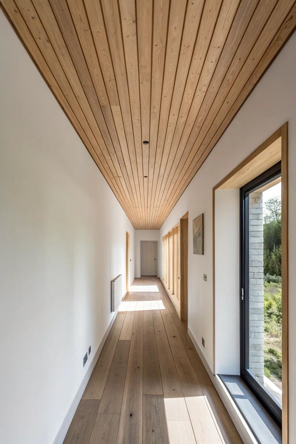 Tongue-and-groove plank lines bring cottage texture and make a small hallway feel longer.