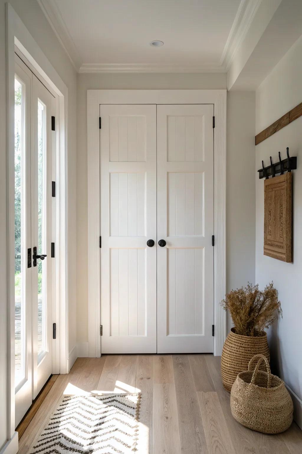 Classic double hinged closet doors: wide access, timeless look, and a clean Scandinavian feel.
