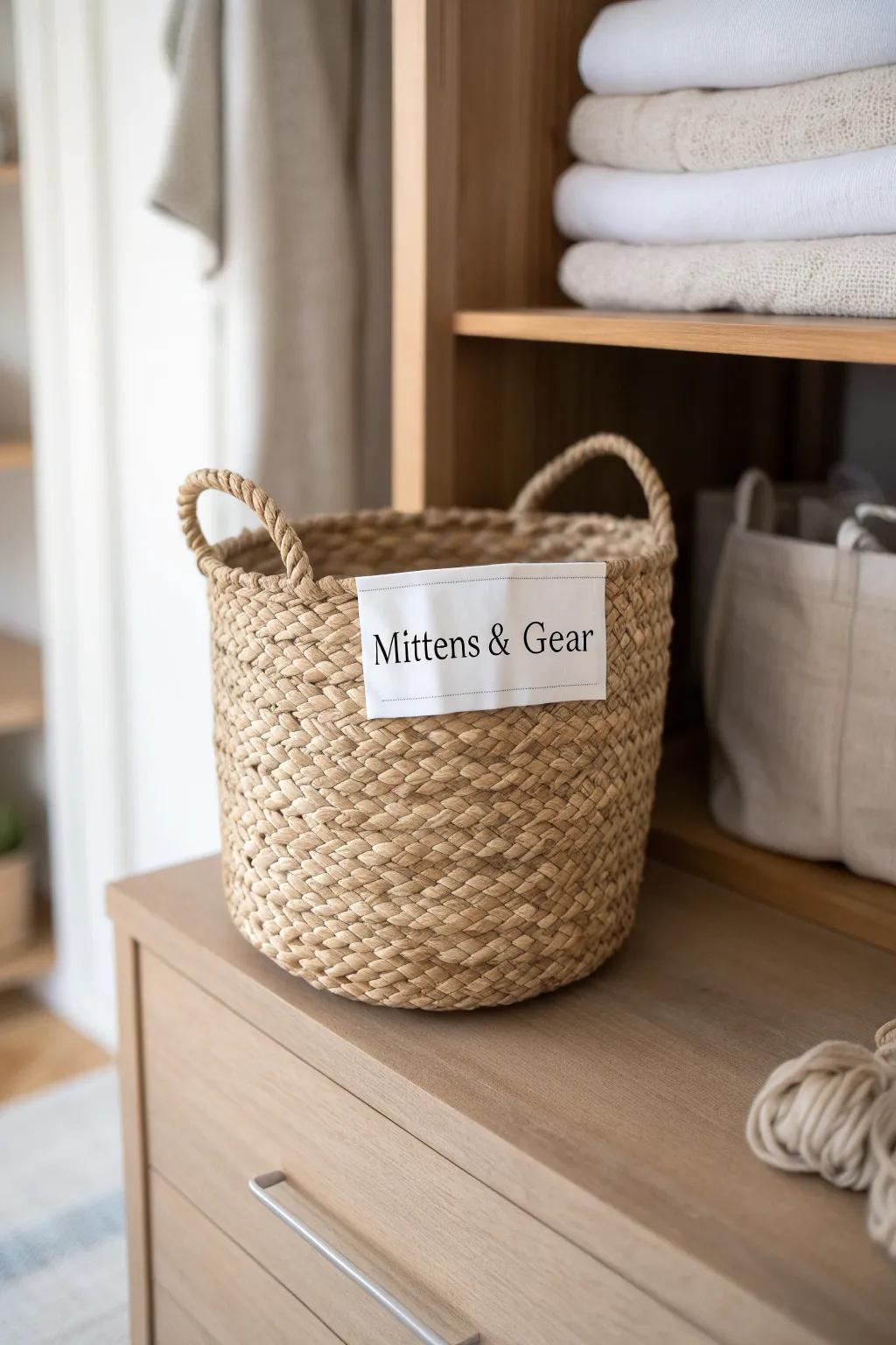 Matching labeled bins keep hallway-closet gear tidy—and instantly look more designed.