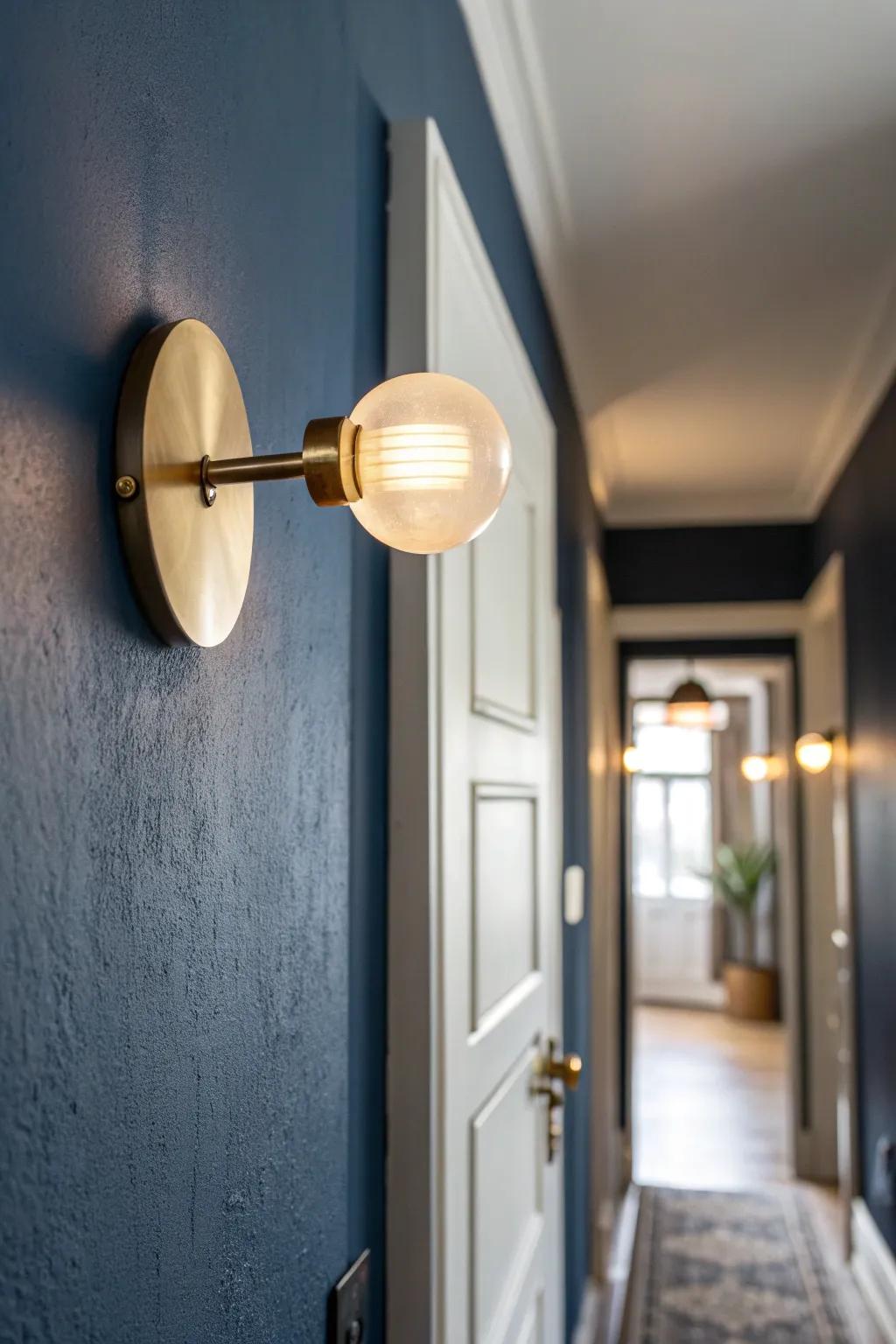 Deep navy + warm sconce light turns a small hallway into a moody, boutique-style moment.
