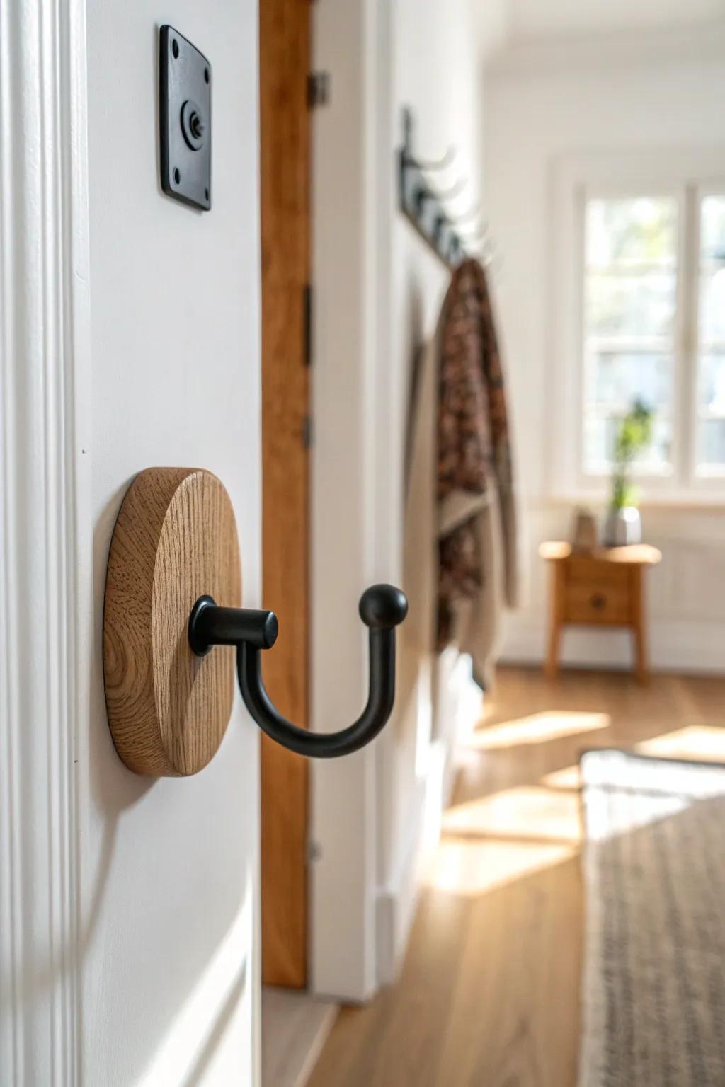 One beautiful wall hook keeps bags and jackets off the floor—minimal, warm, and clutter-free.
