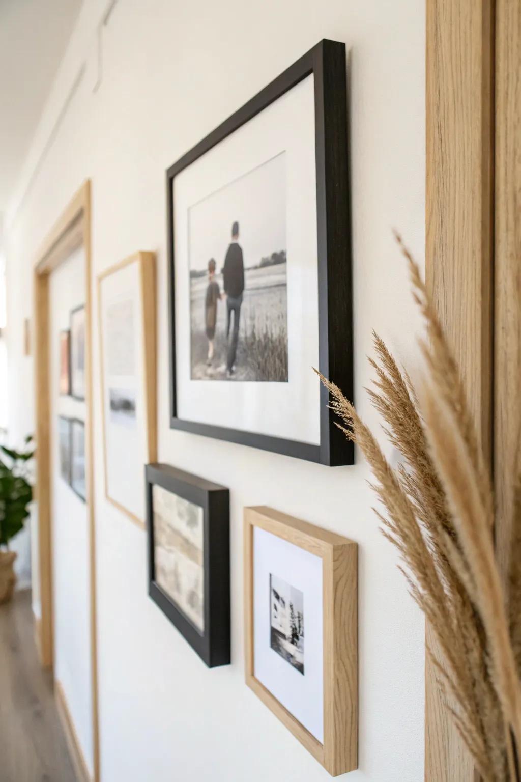 A clean hallway gallery wall: matching frames, a mix of photos and simple art for warmth.