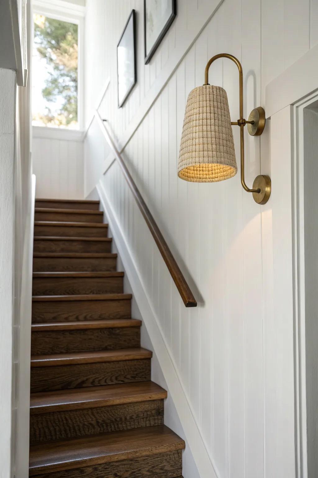 Warm stairway sconces create a boutique glow and softly define each step for safer nights.