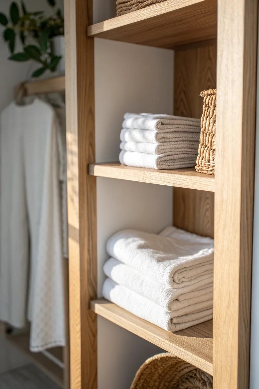 A simple shelf divider keeps linen stacks upright—clean, calm, and perfectly folded.